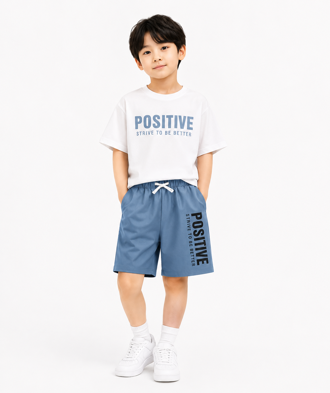 Kiddo Wear Positive Summer Co-Ord Set for Boys | White T-Shirt & Blue Shorts (1-10 Years)
