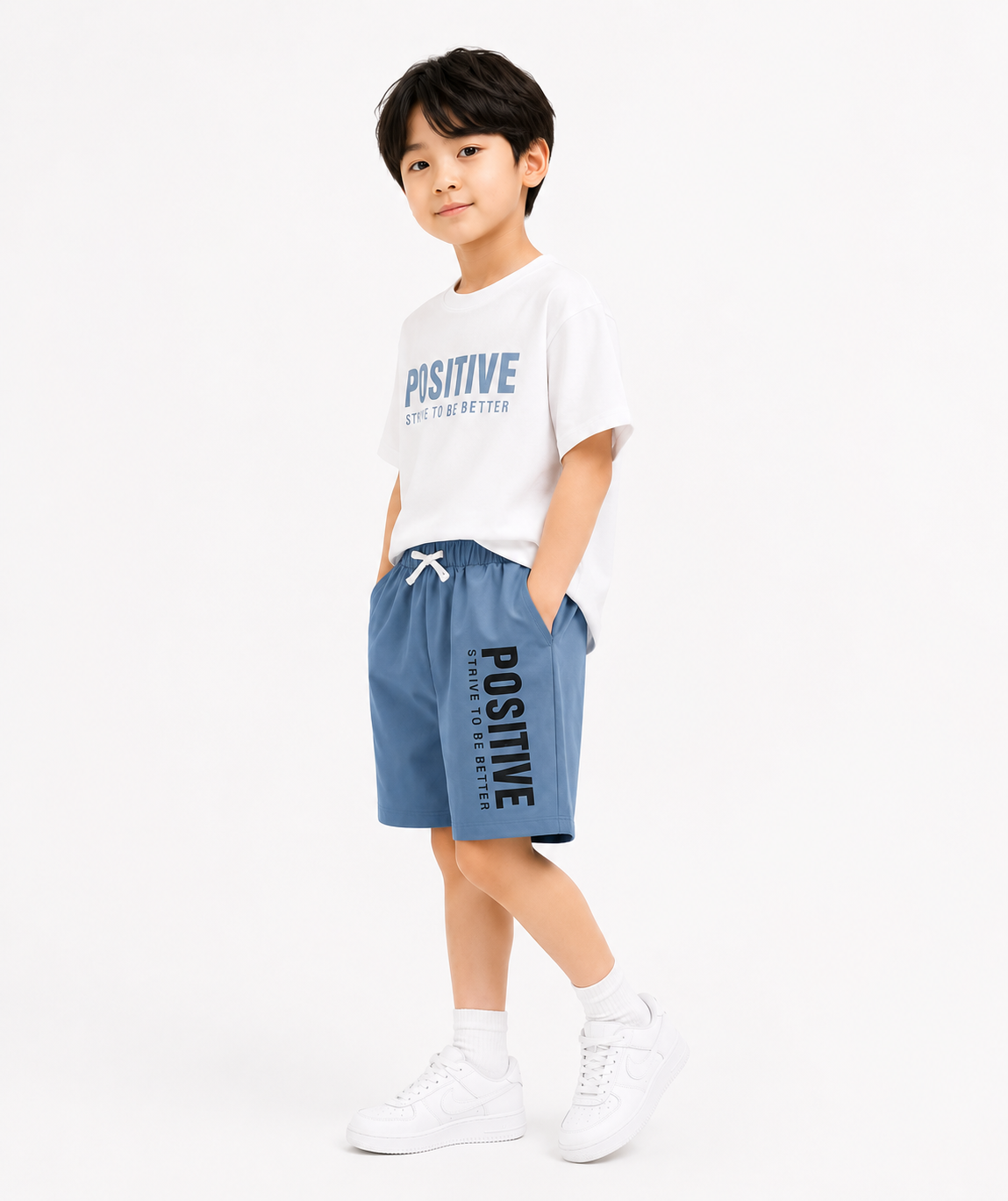 Kiddo Wear Positive Summer Co-Ord Set for Boys | White T-Shirt & Blue Shorts (1-10 Years)