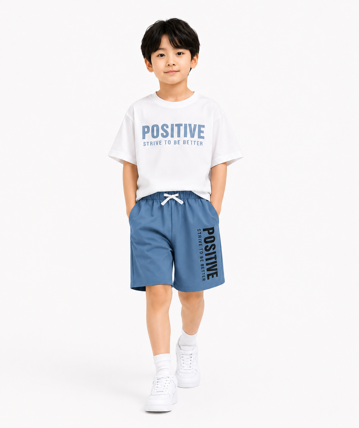 Kiddo Wear Positive Summer Co-Ord Set for Boys | White T-Shirt & Blue Shorts (1-10 Years)