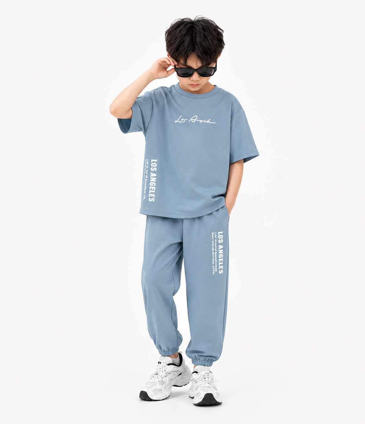 Kiddo Wear Los Angeles Sky Blue Co-Ord Set for Kids | Oversized T-Shirt & Jogger Trouser Set (1-10 Years)