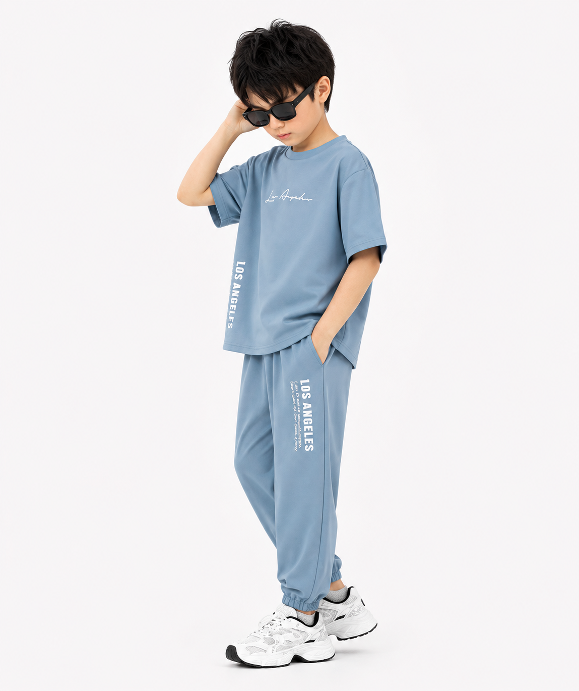 Kiddo Wear Los Angeles Sky Blue Co-Ord Set for Kids | Oversized T-Shirt & Jogger Trouser Set (1-10 Years)