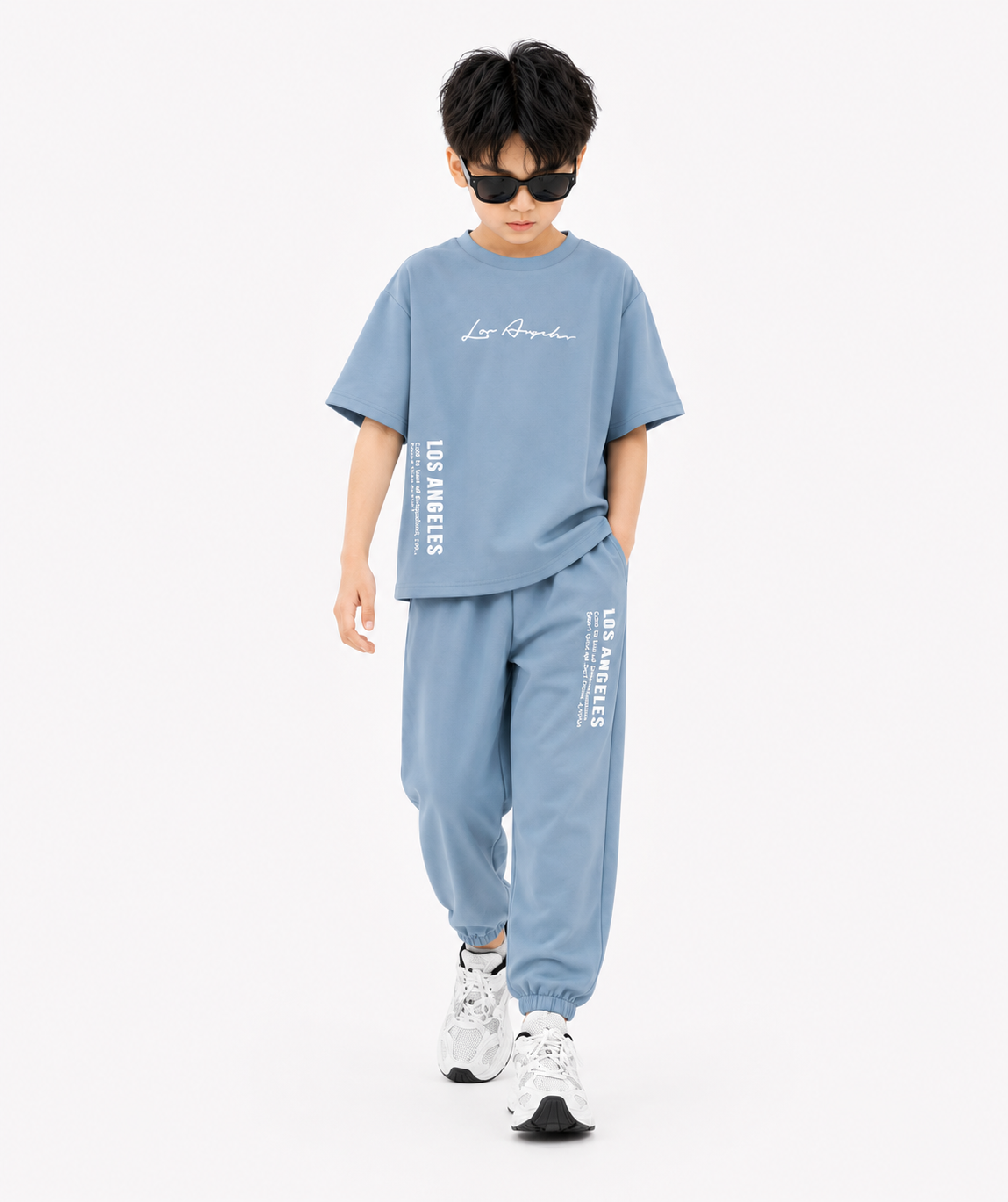 Kiddo Wear Los Angeles Sky Blue Co-Ord Set for Kids | Oversized T-Shirt & Jogger Trouser Set (1-10 Years)